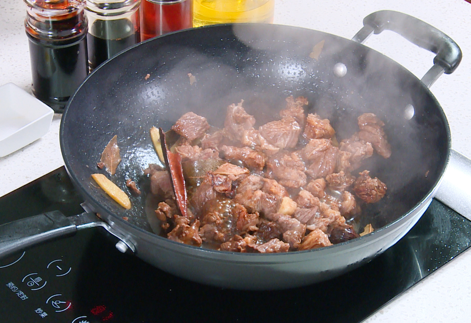 Season beef with cooking wine, soy sauce, salt, and sugar. Cook for 2 minutes to absorb flavors.