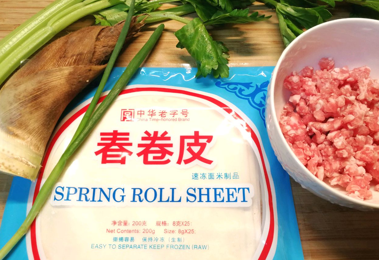 spring roll wrappers,celery,ground meat