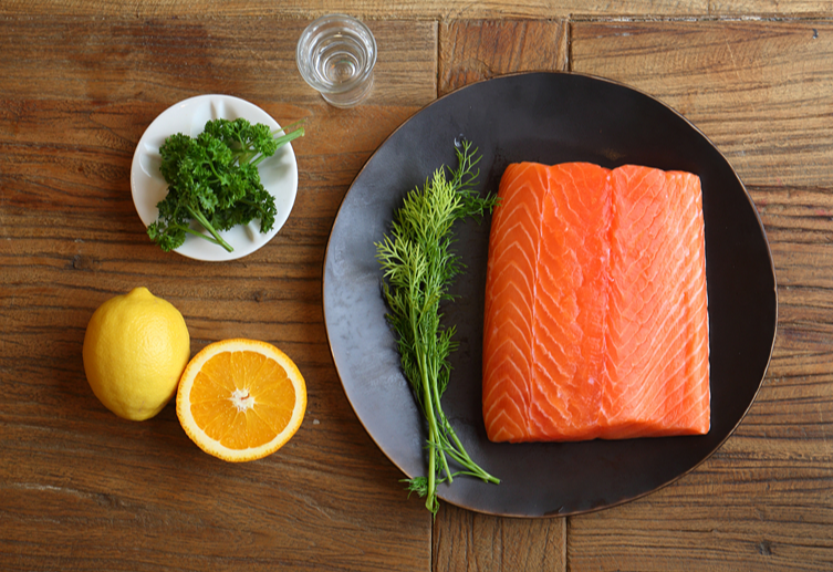 salmon, fresh dill, rosemary, orange, and lemon.