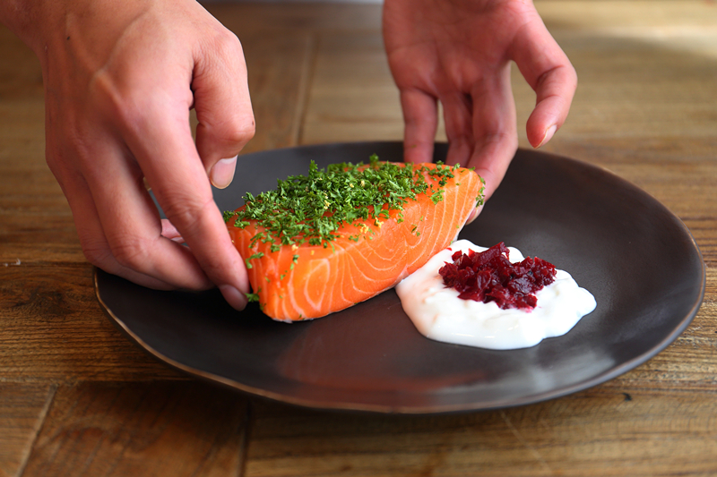 salmon and serve with the beetroot salad and sour cream.