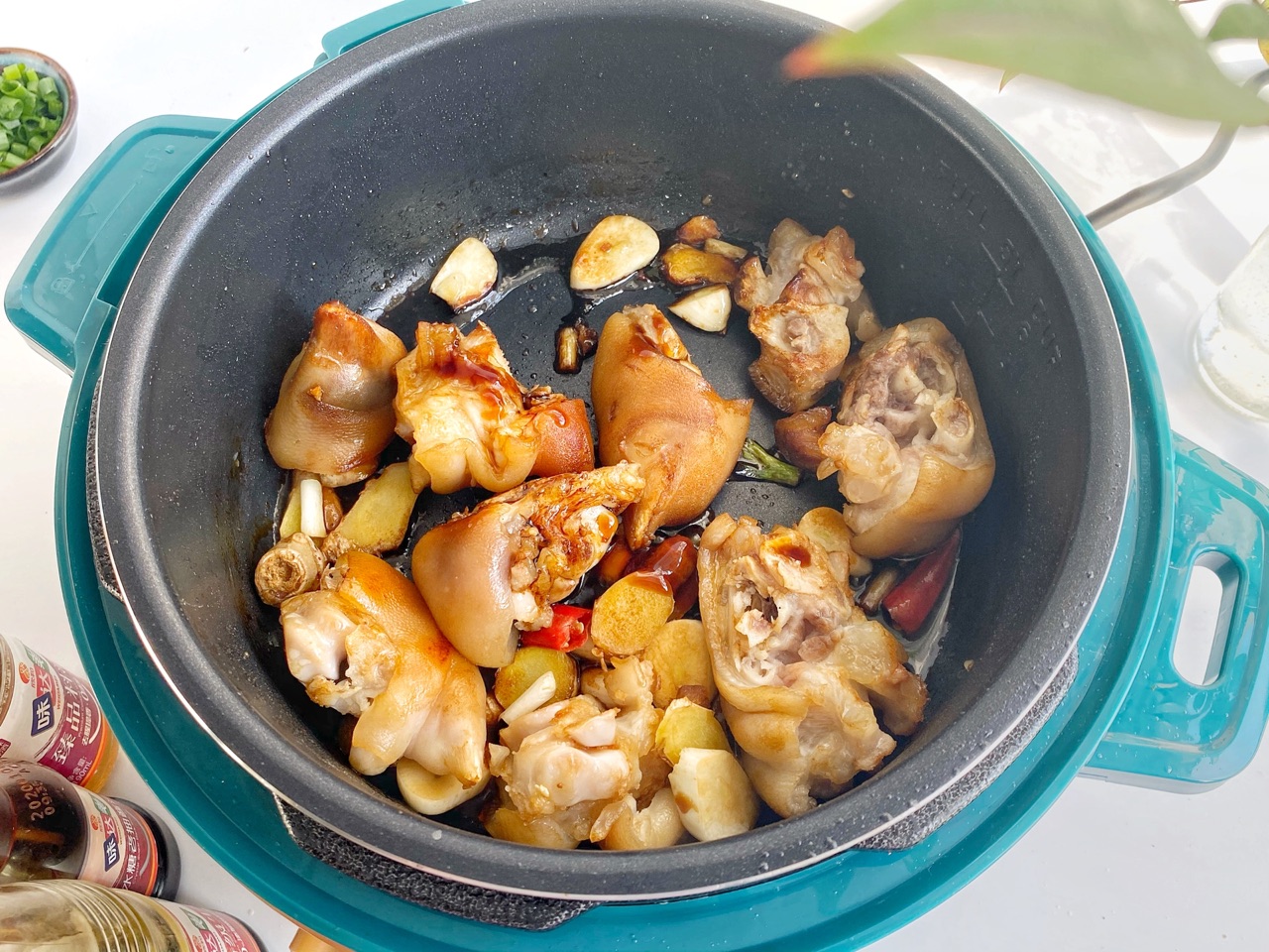 pork trotters,chopped scallions, ginger, garlic, and chili.