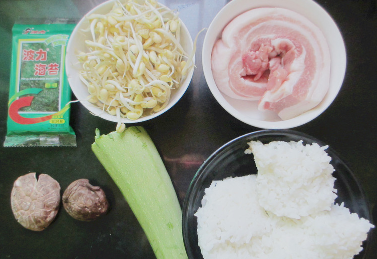 rice, pork belly, bean sprouts, zucchini