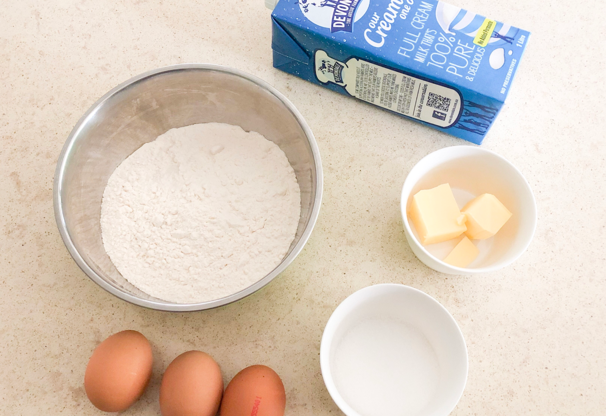 Prepare flour, eggs, milk, butter, sugar