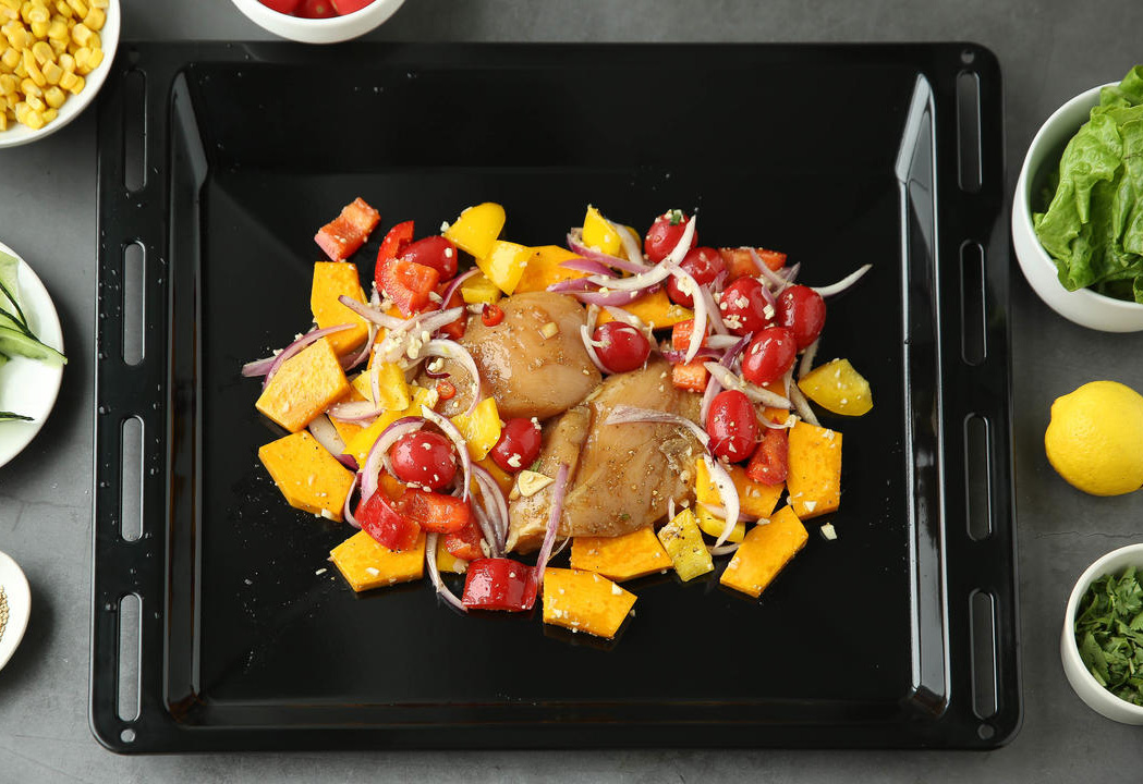 chicken breast, pumpkin, cherry tomatoes