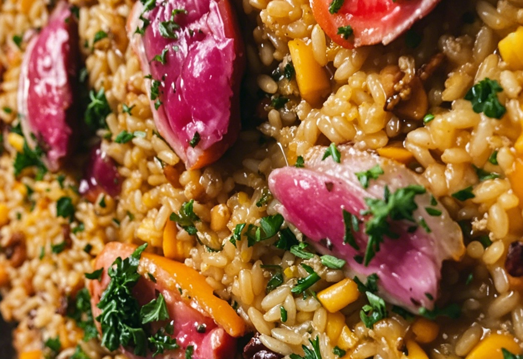 Slice the fried duck breast and place it on the cooked risotto