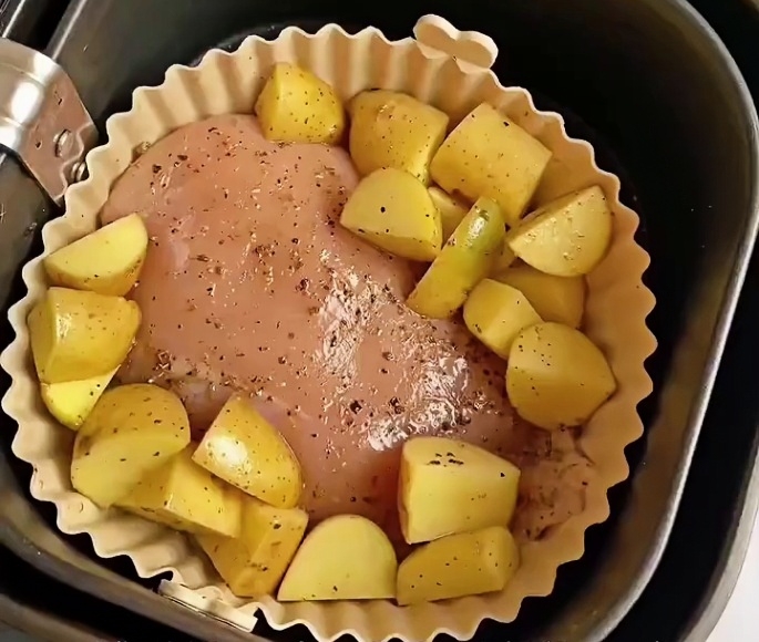 marinated chicken, potato pieces