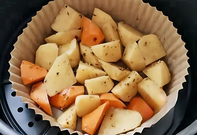 potatoes and carrots, oil paper