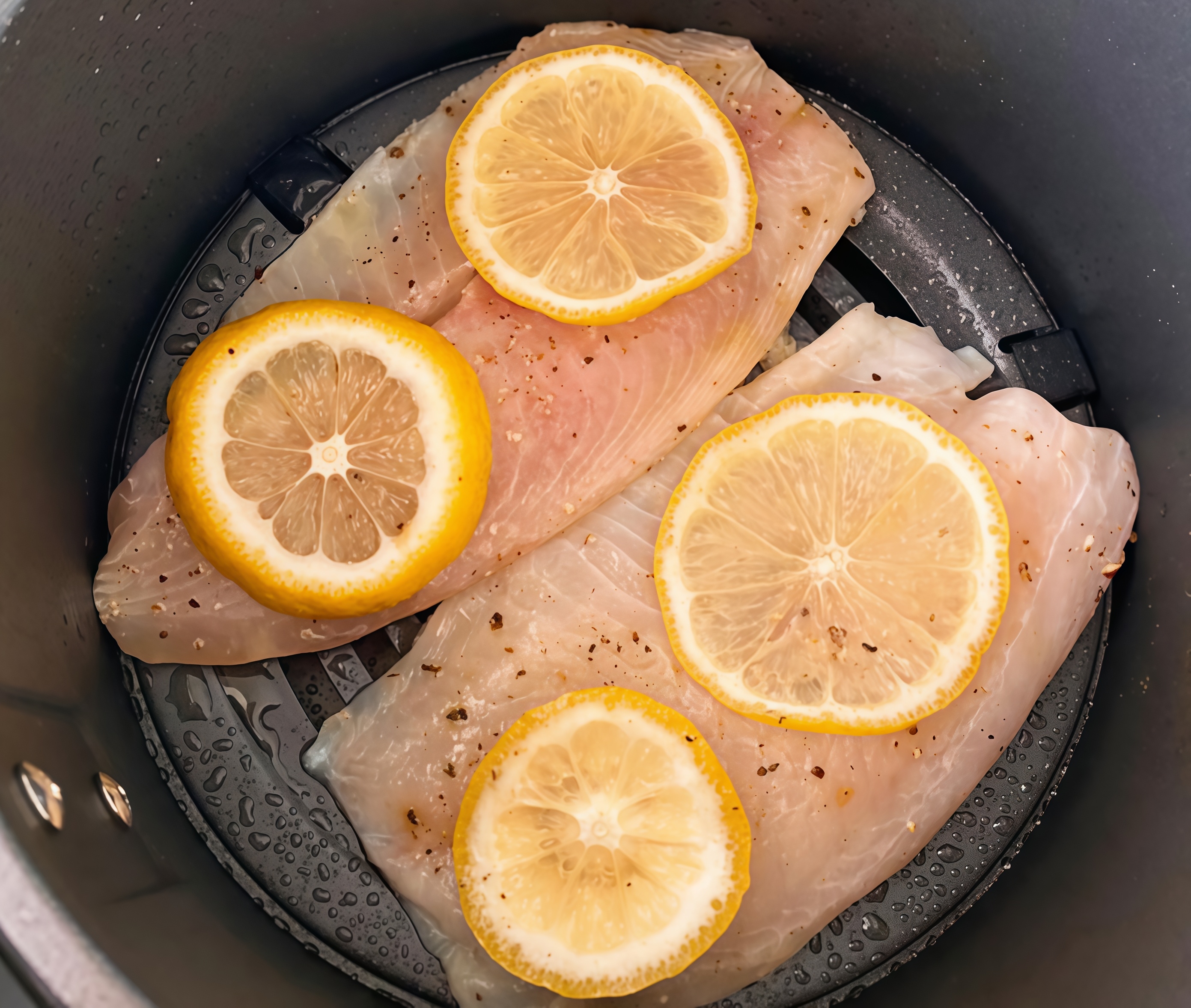 fresh lemon slices, tilapia steak