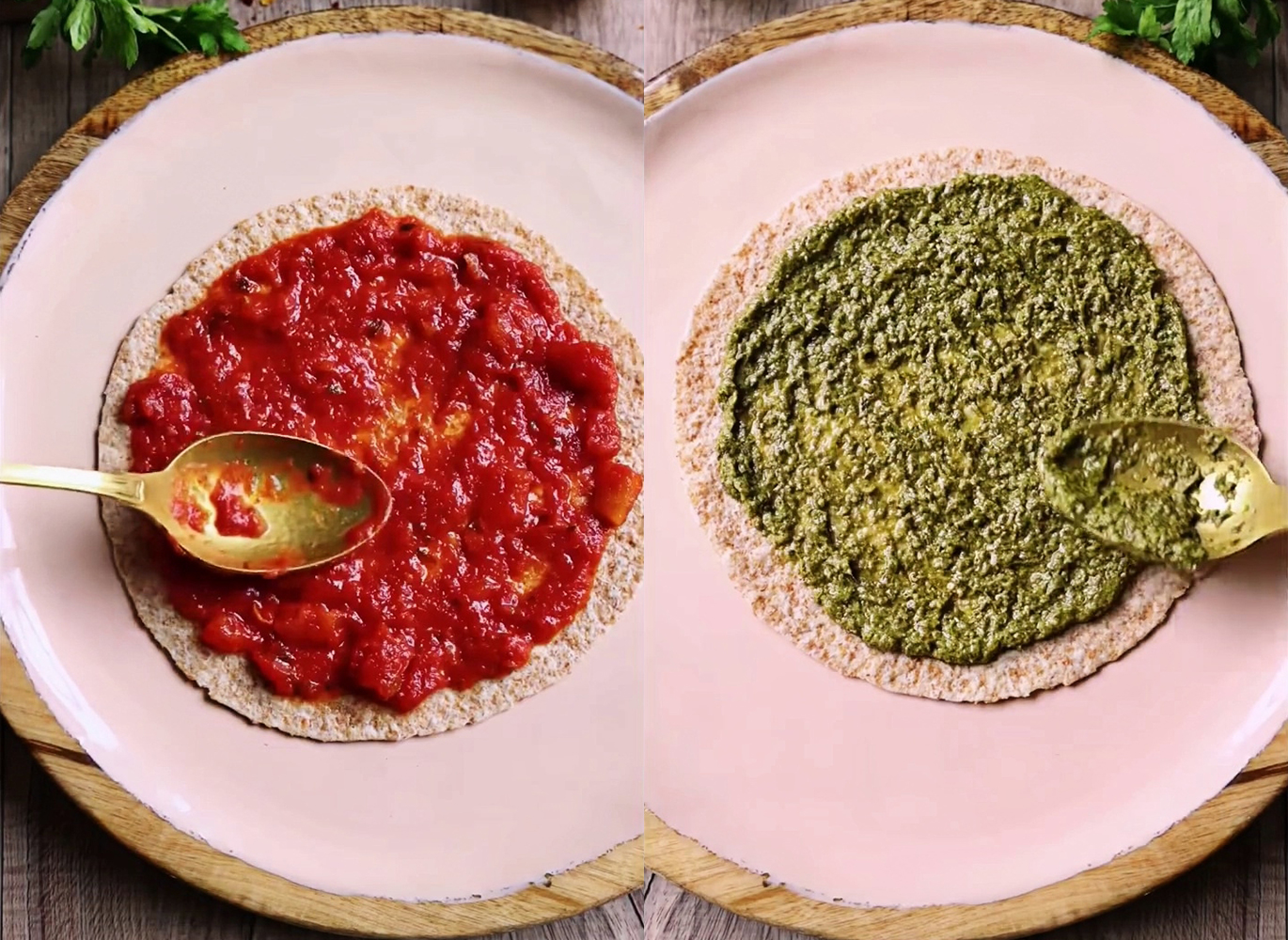 tomato sauce, pesto