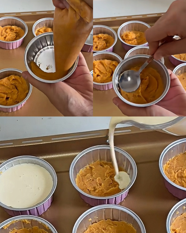 Squeeze the sweet potato puree into a cup