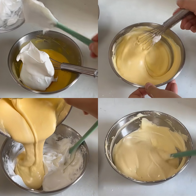 ​Take a portion of the whipped egg whites and fold it into the egg yolk mixture