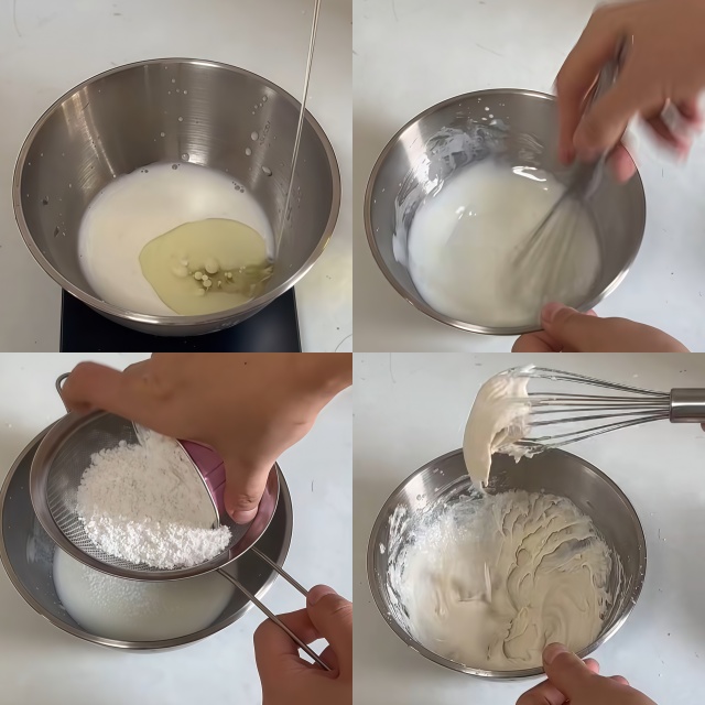 Add milk and corn oil to a bowl and mix to emulsify