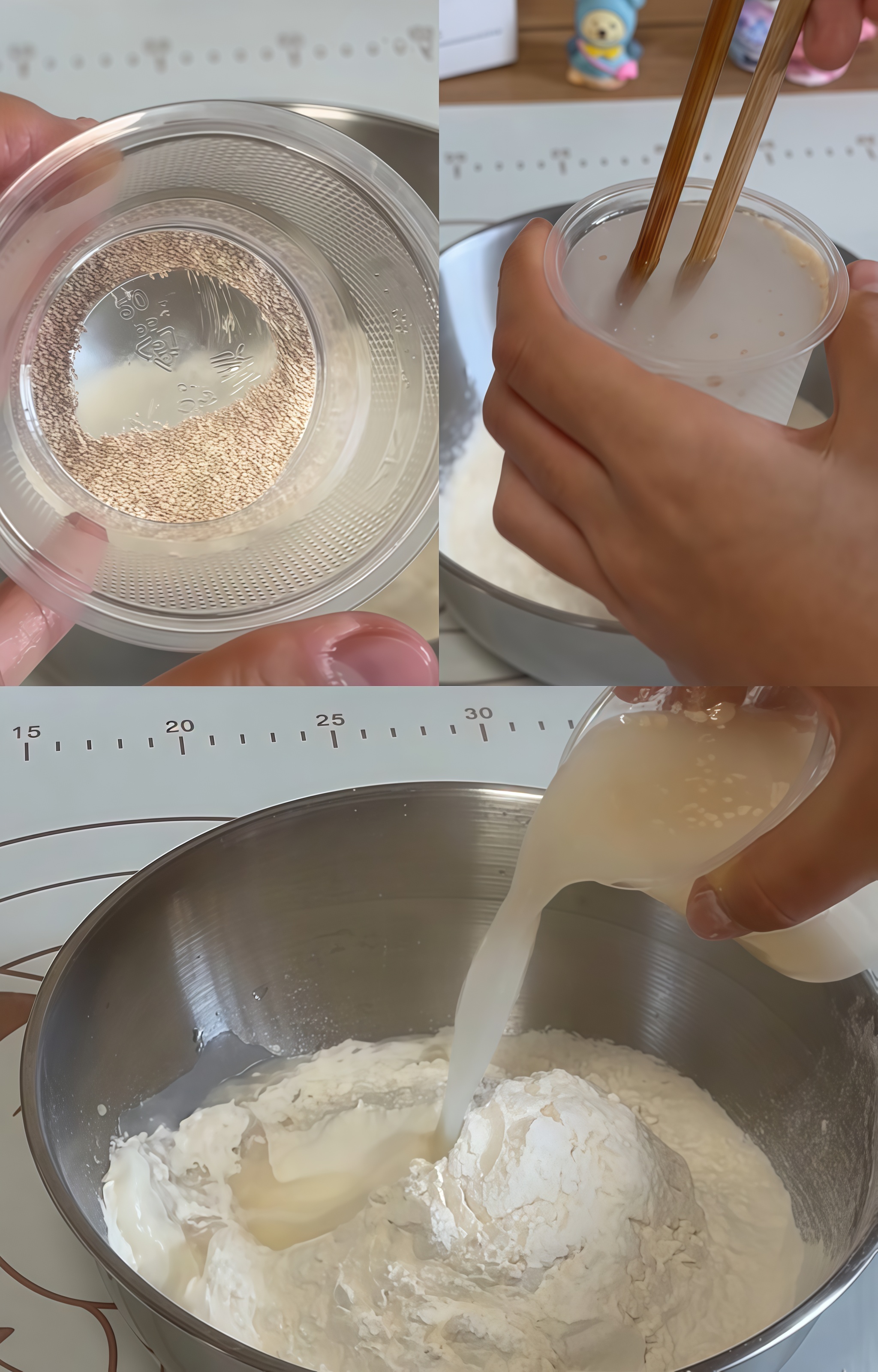 Dissolve 3g of yeast in 1 cup of water and pour it into the flour.