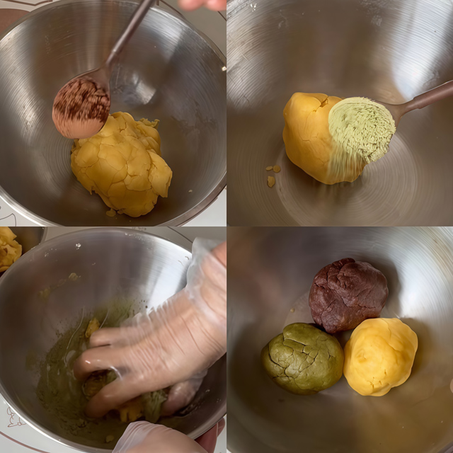 Add cocoa powder and matcha powder to the dough