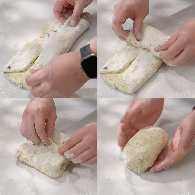 Fold the dough like a blanket and seal the edges tightly.