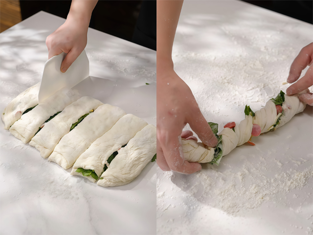 Fold the dough in half, then cut it into 6 pieces