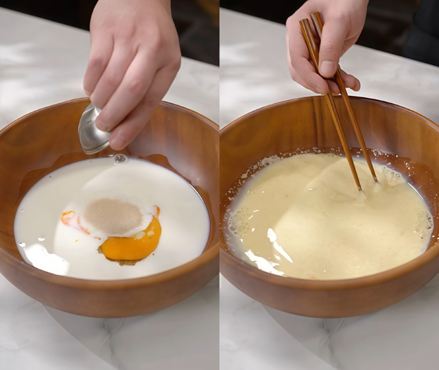 Whisk eggs and batter