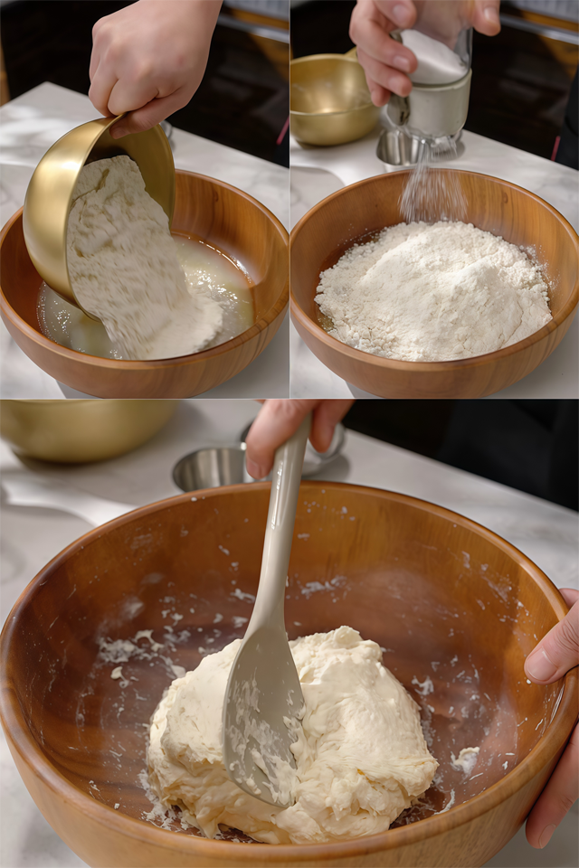 Then add 400g of bread flour and 5g of salt. Stir to form a dough.