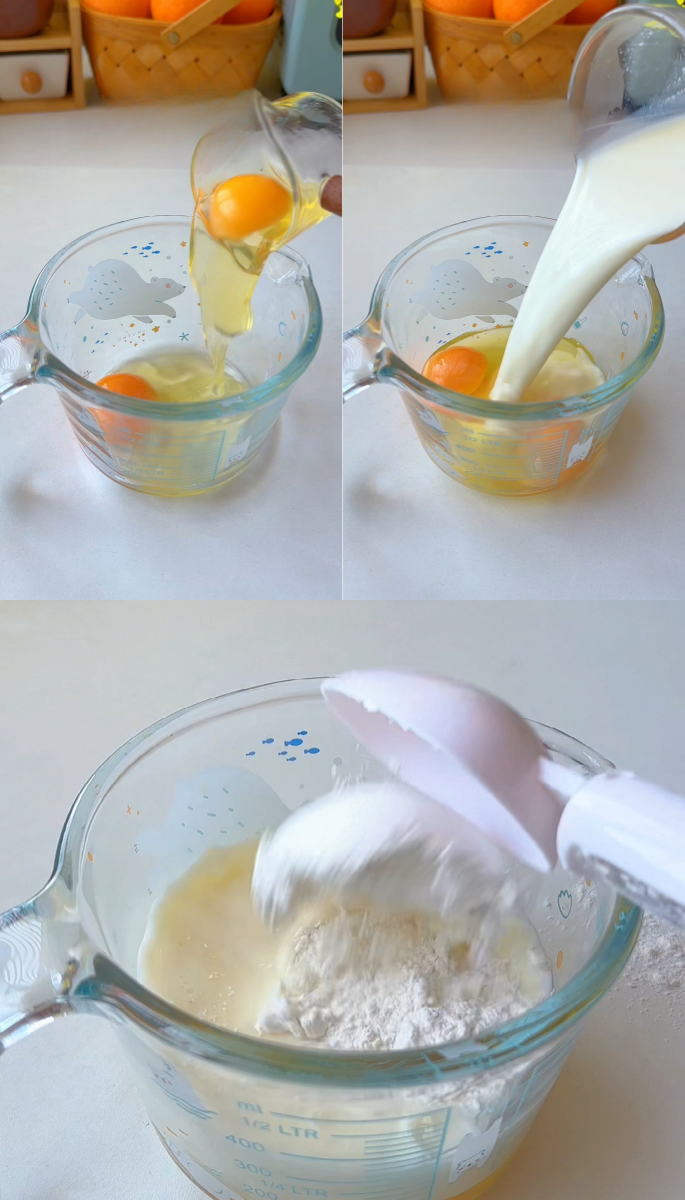 ​Beat 2 eggs in a bowl, add 160ml milk