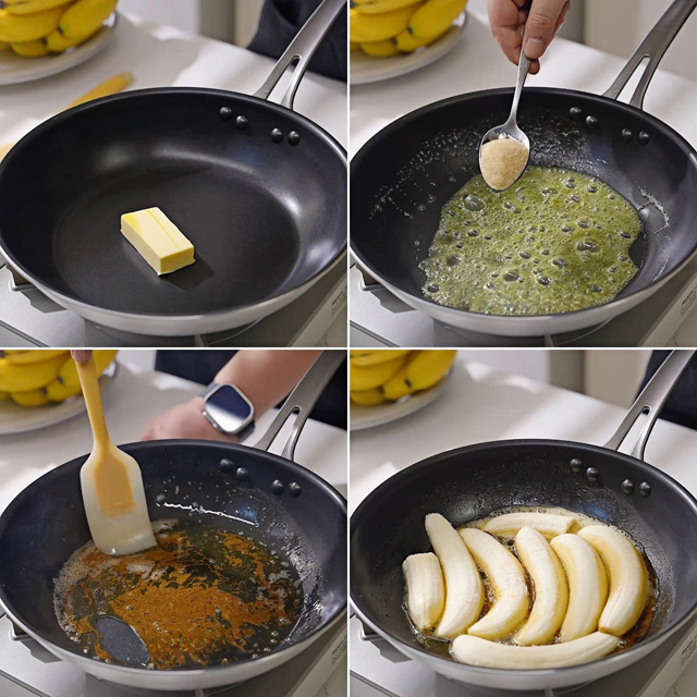 Fry the caramelized bananas