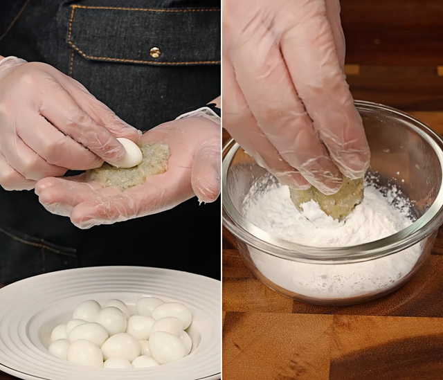 Wrap the quail eggs